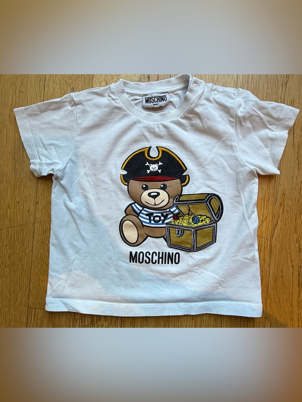 Moschino White Pirate Bear Graphic Tee with Treasure Chest